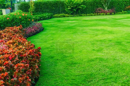 Photo for Front yard with garden design, Landscaped Formal. Spring backyard, garden landscape design with tall and short shrubs and flowers with beautiful round shape. In the middle is green grass. - Royalty Free Image