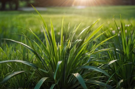 Photo for The morning sun shines on the green lawn, The backyard for the background, the meadow grass, The design concept for background. generative ai - Royalty Free Image