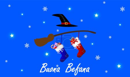 Ilustración de Buona Befana Epifanía con Medias Escoba y Sombrero de Bruja, ilustración de arte vectorial. - Imagen libre de derechos