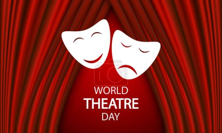 Theater day world emotion mask red curtains, vector art illustration.