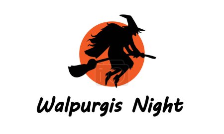 Walpurgis night witch on a broomstick red moon, vector art illustration.