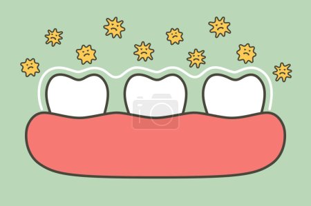 Téléchargez les illustrations : Healthy tooth by protection bacteria, microbe or virus around teeth - dental cartoon vector flat style cute character for design - en licence libre de droit