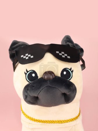 Foto de Pug perro juguete hocico primer plano, retrato. Peluche suave beige negro pug perro juguete con gafas de sol y collar de oro aislado sobre fondo rosa. - Imagen libre de derechos