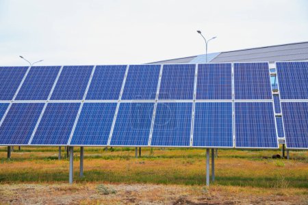 Solaranlage. Photovoltaik-Freiflächenmodule auf Gras in der Stadt, saubere Energie und Umweltstrom aus Sonnenlicht, um die globale Erwärmung zu verringern. Lebensstil