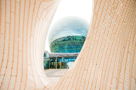 Photo for Sculpture construction Minima Maxima, Nur-Alem sphere EXPO 2017 Exhibition Area. View of museum through street installation. Astana, Kazakhstan - 10.22.2022. - Royalty Free Image