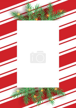 Illustration for Stripes candy cane pattern with Christmas tree green branches. Diagonal straight lines Christmas background. Red and white peppermint wrapping paper. Simple trendy backdrop illustration - Royalty Free Image