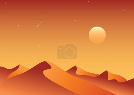 Téléchargez les illustrations : Désert d'or au coucher du soleil. Dunes de sable. Illustration vectorielle d'aménagement paysager. Moyen-Orient désert montagnes fond de grès. Sable dans la nature - en licence libre de droit