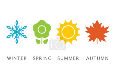 Ilustración de Cuatro estaciones iconos, signos, símbolos. Invierno primavera verano otoño. Copo de nieve, hoja, sol, hoja de otoño. Naturaleza y estaciones - Imagen libre de derechos