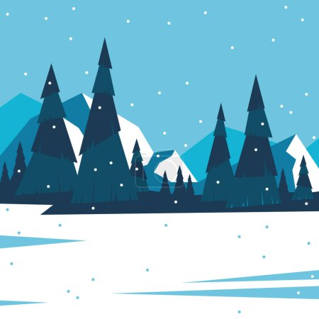 Winterlandschaft mit Bergen, Wald. Winter-Hintergrund. Schnee. Blaue Berge winterlich verschneite Landschaft. Kiefern im Vordergrund. Wintergebirgslandschaft mit Kiefern und Hügeln