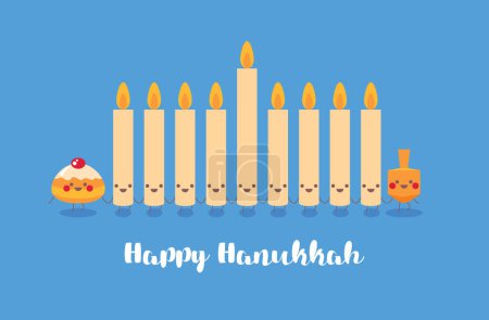 Ilustración de ¡Feliz Hanukkah! Tarjeta de felicitación para las vacaciones judías de Hanukkah. Hanukkah donut sufganiyot, dreidel de madera (spinning top) y velas para menorah - Imagen libre de derechos