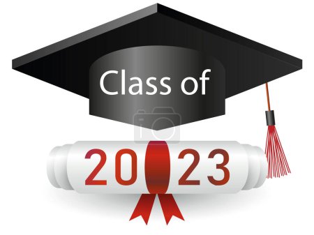 Illustration for Class of 2023 with graduation cap. Number with education academic caps. Template for graduation design, high school or college congratulation graduate, yearbook - Royalty Free Image
