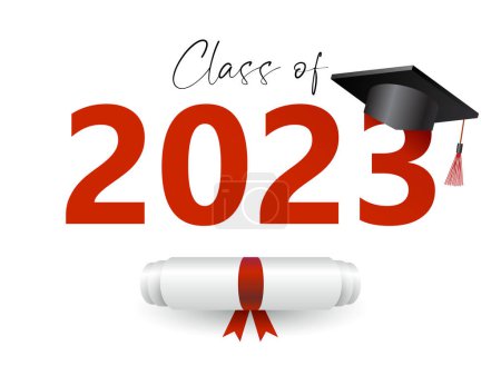 Klasse 2023 mit Mütze. Zahl mit akademischen Obergrenzen. Vorlage für Abschlussdesign, Abitur oder College-Gratulation, Jahrbuch