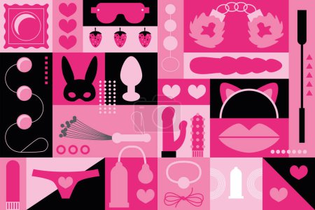 Illustration for Sex toys shop items and icons. Adult store background with BDSM roleplay icon set. Vector sex toys collection. Sex shop, online sex store, adult erotic products concept. Header or footer banner - Royalty Free Image
