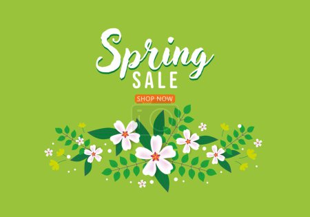 Illustration for Spring sale vector background with flowers and green leaves. Shop now. Promotion banner for your shop. Spring discount. Bright banner for your business. Email marketing - Royalty Free Image