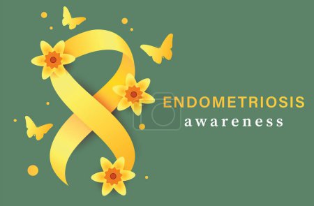 Illustration for Endometriosis awareness background. Yellow ribbbon with yellow flower and butterfly - Royalty Free Image