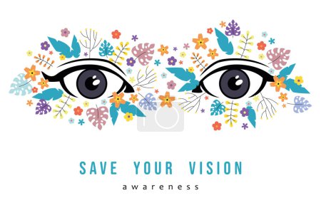 Workplace Save your vision, Eye Wellness Month. Concept of vision correction and healthcare. Eye Health. Vector illustration. Eyes and flowers