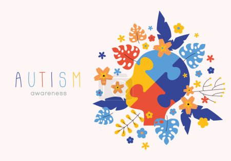Ilustración de World autism awareness day. Colorful puzzles with flowers and leaves vector background. Symbol of autism. Medical flat illustration. Health care - Imagen libre de derechos