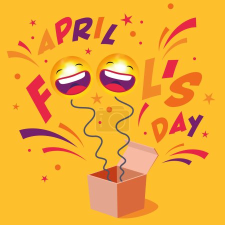 Illustration for April fool's day. Happy face emojis. 1 April fools day. Celebration vector illustration for your design. Text April fools day springing out of a box - Royalty Free Image