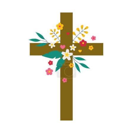 Cross with flowers. Design for Easter, baptism, christening, cards, paper, invitations, scrapbooking, textiles, wrapping. Christian cross. Funeral cross