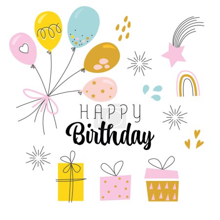 Téléchargez les illustrations : Birthday party background. Birthday party. Party balloons decoration of different colors, gift boxes, stars - en licence libre de droit
