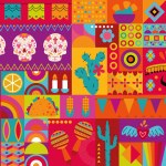 Mexican bright music pattern with skulls, sombrero hat, mustache, maracas, guitar, taco, nachos, avocado, cactus and chilli pepper vector background. Mexican design