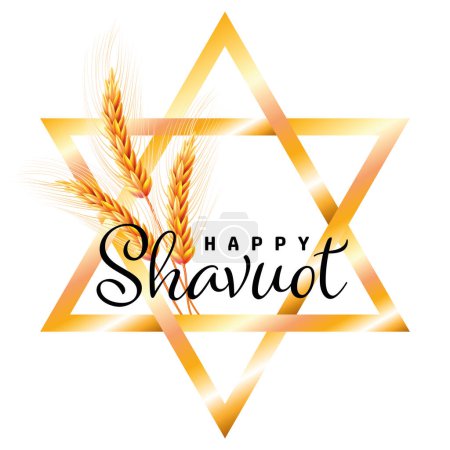 Ilustración de Feliz Shavuot. Trigo y David Star Concepto de Shavuot vacaciones judaicas. Bonita corona festiva Happy Shavuot. Diseño de oro - Imagen libre de derechos