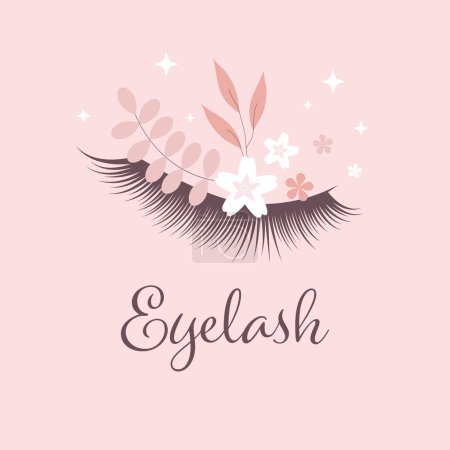 Illustration for Eyelash extension. Makeup. Lash and flowers. Eyelash extension. Branding for salon eyelash extension, shop cosmetic products, lashmaker, stylist - Royalty Free Image