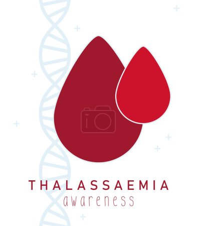 Illustration for International Thalassaemia Day May 8th. Thalassaemia awareness, inherited condition affecting the blood. Thalassaemia blood test. Blood red drops and DNA. Medical flat illustration. Health care - Royalty Free Image