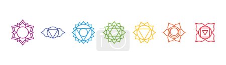 Illustration for Basic human chakra system. 7 chakras. Set of seven chakra symbols of human body. Root, Navel, Solar plexus, Heart, Throat, Third eye, Crown - Royalty Free Image