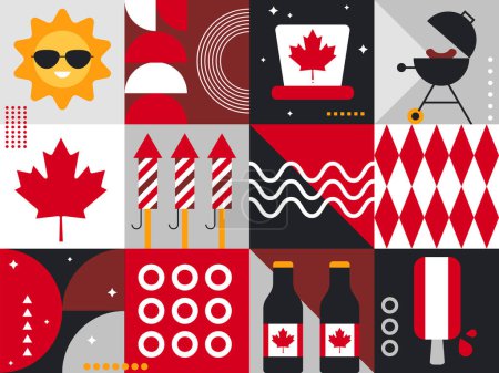Ilustración de Fondo del día de Canadá con hojas de arce. 1 de julio diseño nacional de vacaciones. Símbolos de celebración canadiense - Imagen libre de derechos