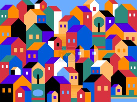 Illustration for Seamless pattern with houses. Seamless pattern with town houses. Vector background with cartoon town. Town seamless pattern with cute colorful houses - Royalty Free Image