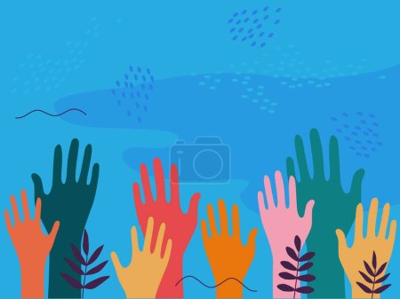Téléchargez les illustrations : Arrêtez le racisme. Les mains. Ensemble vectoriel de silhouettes levant différentes mains. Travail d'équipe, collaboration, vote, bénévolat - en licence libre de droit