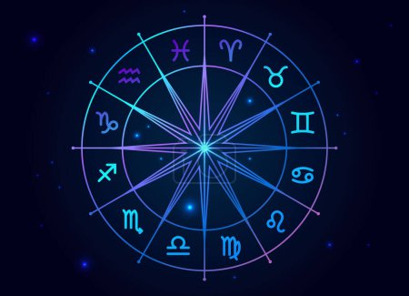 Illustration for Astrology horoscope circle with zodiac signs vector background. Wheel with zodiac signs Aries, Taurus, Gemini, Cancer, Leo, Virgo, Libra, Scorpio, Sagittarius, Capricorn, Aquarius and Pisces - Royalty Free Image
