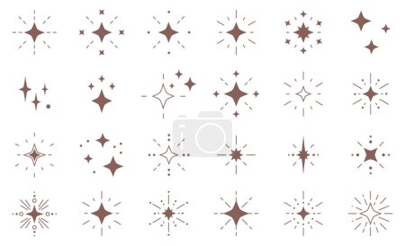 Ilustración de Sparkle Star Icon Set. Diferentes formas de estrellas, constelaciones, galaxias. Sparkles and Stars Set Collection. Conjunto de iconos de estrella brillante - Imagen libre de derechos