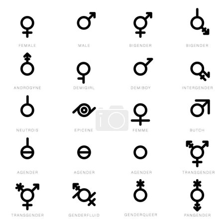 Téléchargez les illustrations : Ensemble d'icônes monochromes sur la diversité des sexes. Icônes de genre noires. Représentation des personnes de genres différents - en licence libre de droit