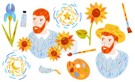 Conjunto de diferentes iconos y signos. Vincent van Gogh, girasoles y flores de iris, paleta, pinceles y colores al óleo, Noche estrellada, Retrato con sombrero de paja. Artista y arte
