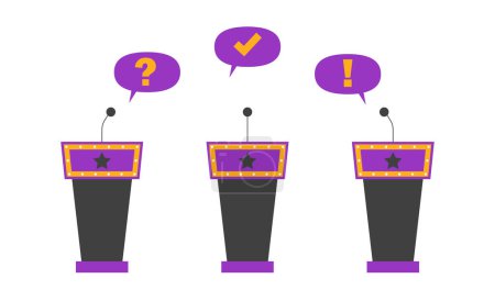 Illustration for Quiz game design background. Competition with questions. Television trivia show vector illustration. Three stands with microphones. Play game show, competition quest - Royalty Free Image