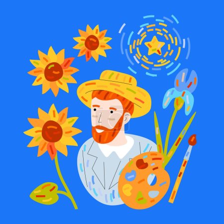 Illustration for Differnt art symbols. Vincent van Gogh, sunflowers and iris flowers, palette, brush and oil colors, Starry Night, Portrait with Straw Hat. Artist and art - Royalty Free Image