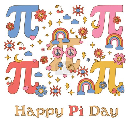 Téléchargez les illustrations : Joyeux Jour Pi ! Célébrez Pi Day. Constante mathématique. Le 14 mars. 3.14. Rapport d'une circonférence de cercles à son diamètre. Nombre constant Pi. Style hippie - en licence libre de droit