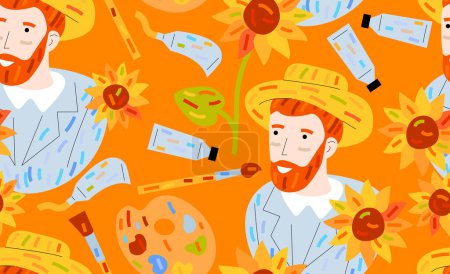 Illustration for Vincent van Gogh, sunflowers flowers, palette, brushes and oil colors. Artist and art - Royalty Free Image