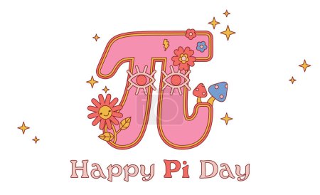 Illustration for Happy Pi Day. Vector illustration. Happy Pi Day! Celebrate Pi Day. Mathematical constant. March 14th. 3.14. Ratio of a circles circumference to its diameter. Constant number Pi. Hippi style. Pi Day - Royalty Free Image