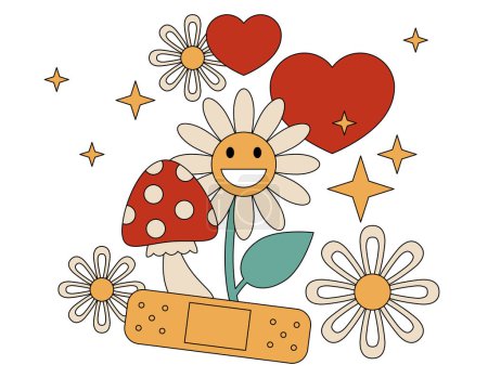 Retro 70s 60s Hippie Groovy Flower, mushroom, heart, Medical patch. Grow positive thoughts Good vibes. Boho Summer Flower Power Flower Child surface design