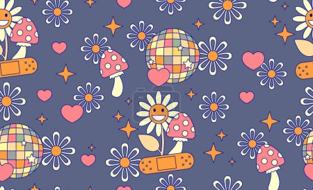 Seamless pattern with Retro 70s 60s Hippie Groovy Flower, mushroom, heart, Medical patch. Grow positive thoughts Good vibes. Boho Summer Flower Power Flower Child surface design