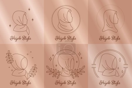Set, collection of Muslim women sign design template wearing hijab with modern concept and creative element. Feminine beauty woman hijab natural vintage symbol. Beautiful Hijab Woman Icon Template