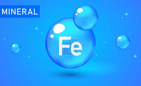 Mineral Fe Ferum blue shining pill capsule icon. Mineral Fe Ferum symbol. Mineral Vitamin complex with Chemical formula. Shining cyan substance drop. Meds for heath ads. Mineral Fe Ferum sign