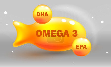 Signe vitaminique, symbole. Huile de poisson Oméga 3. Illustration vectorielle. Oméga-3 acides gras or brillant pilule capsule icône. Complexe vitaminique avec formule chimique Complément alimentaire. Brillante chute de substance dorée