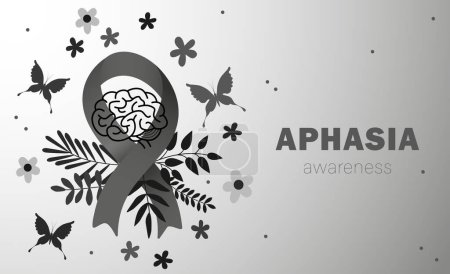 Aphasie-Bewusstsein. Graues Band und Gehirn, Blume, Schmetterling. National Aphasia Awareness Month US