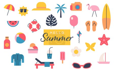 Illustration set of summer items Sea Summer Vacation Beach Simple Cute Tropical Resort Travel Vacation