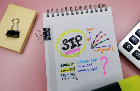 Concepto de SIP o Plan de Inversión Sistemática escrito en bloc de notas mientras se planifica la inversión con gráficos.