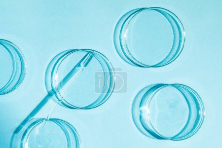 Téléchargez les photos : Boîte de Pétri. Un ensemble de tasses de Petri. Une pipette, un tube en verre. Sur un fond bleu bleu. - en image libre de droit